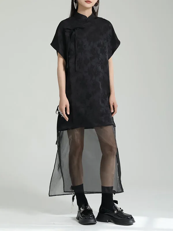 Gauze Jacquard Solid Color False Two Short Sleeves Stand Collar Midi Dresses Long Cheongsams