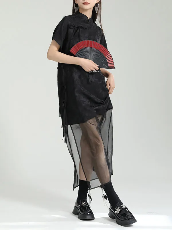 Gauze Jacquard Solid Color False Two Short Sleeves Stand Collar Midi Dresses Long Cheongsams