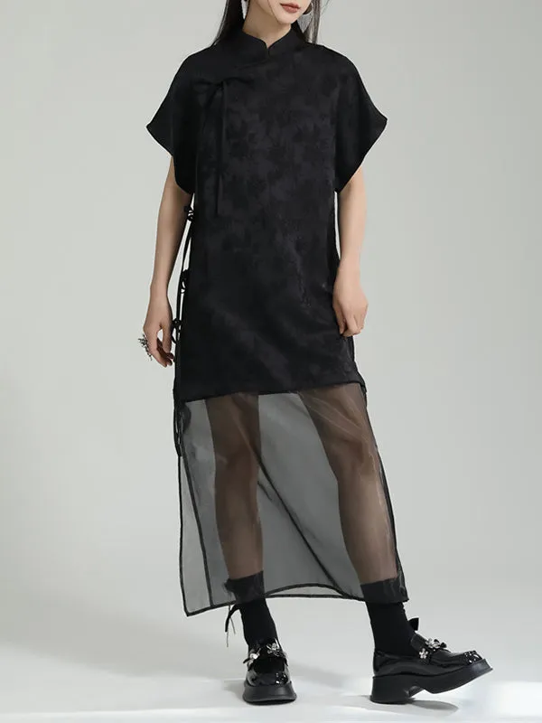 Gauze Jacquard Solid Color False Two Short Sleeves Stand Collar Midi Dresses Long Cheongsams