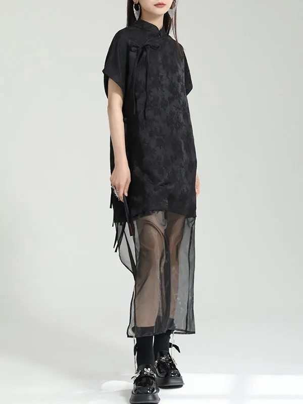 Gauze Jacquard Solid Color False Two Short Sleeves Stand Collar Midi Dresses Long Cheongsams