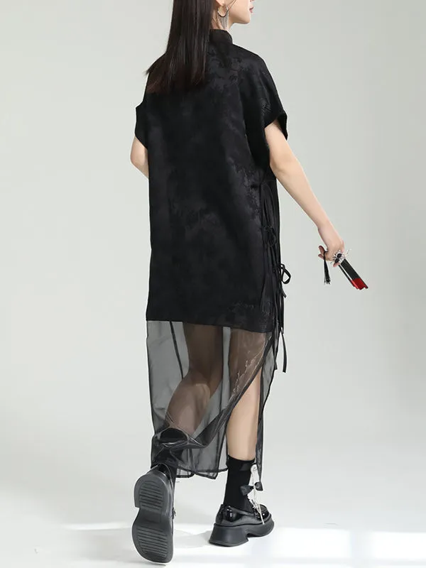 Gauze Jacquard Solid Color False Two Short Sleeves Stand Collar Midi Dresses Long Cheongsams