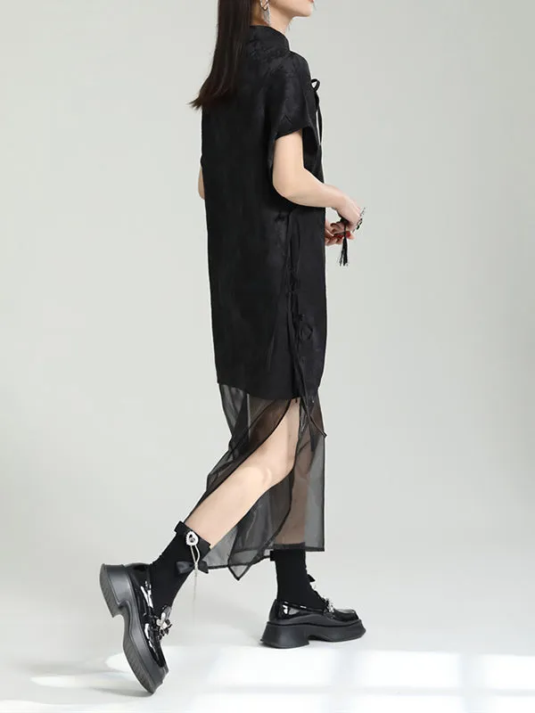 Gauze Jacquard Solid Color False Two Short Sleeves Stand Collar Midi Dresses Long Cheongsams