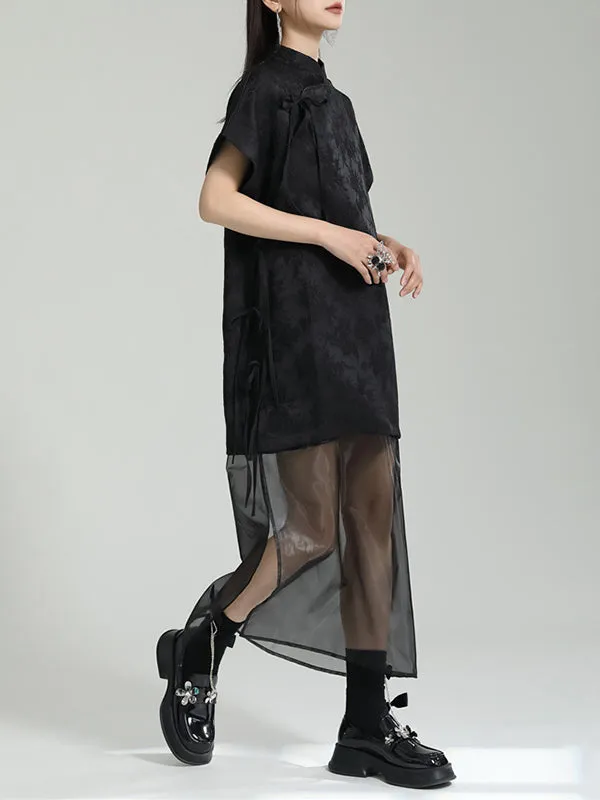 Gauze Jacquard Solid Color False Two Short Sleeves Stand Collar Midi Dresses Long Cheongsams