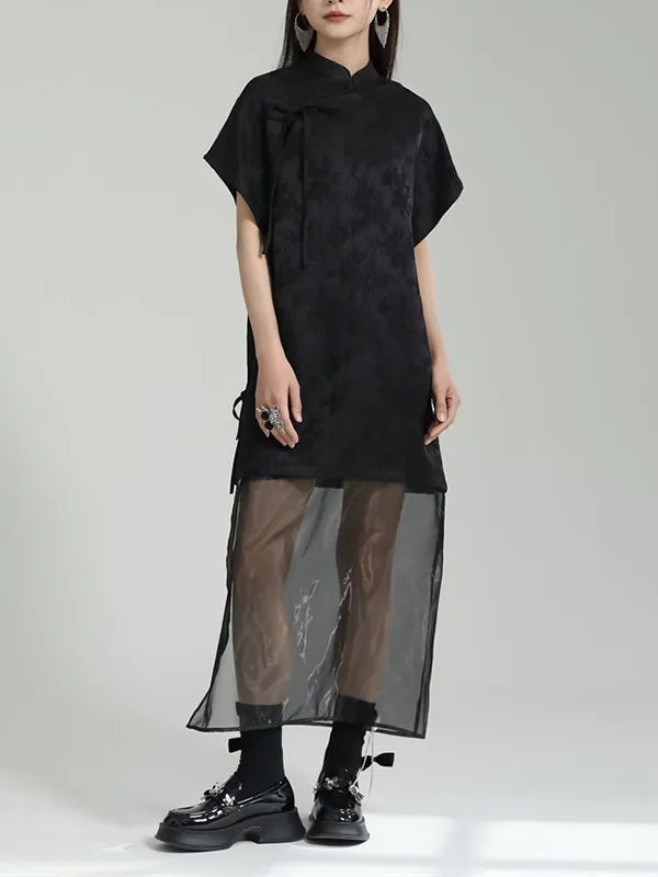 Gauze Jacquard Solid Color False Two Short Sleeves Stand Collar Midi Dresses Long Cheongsams