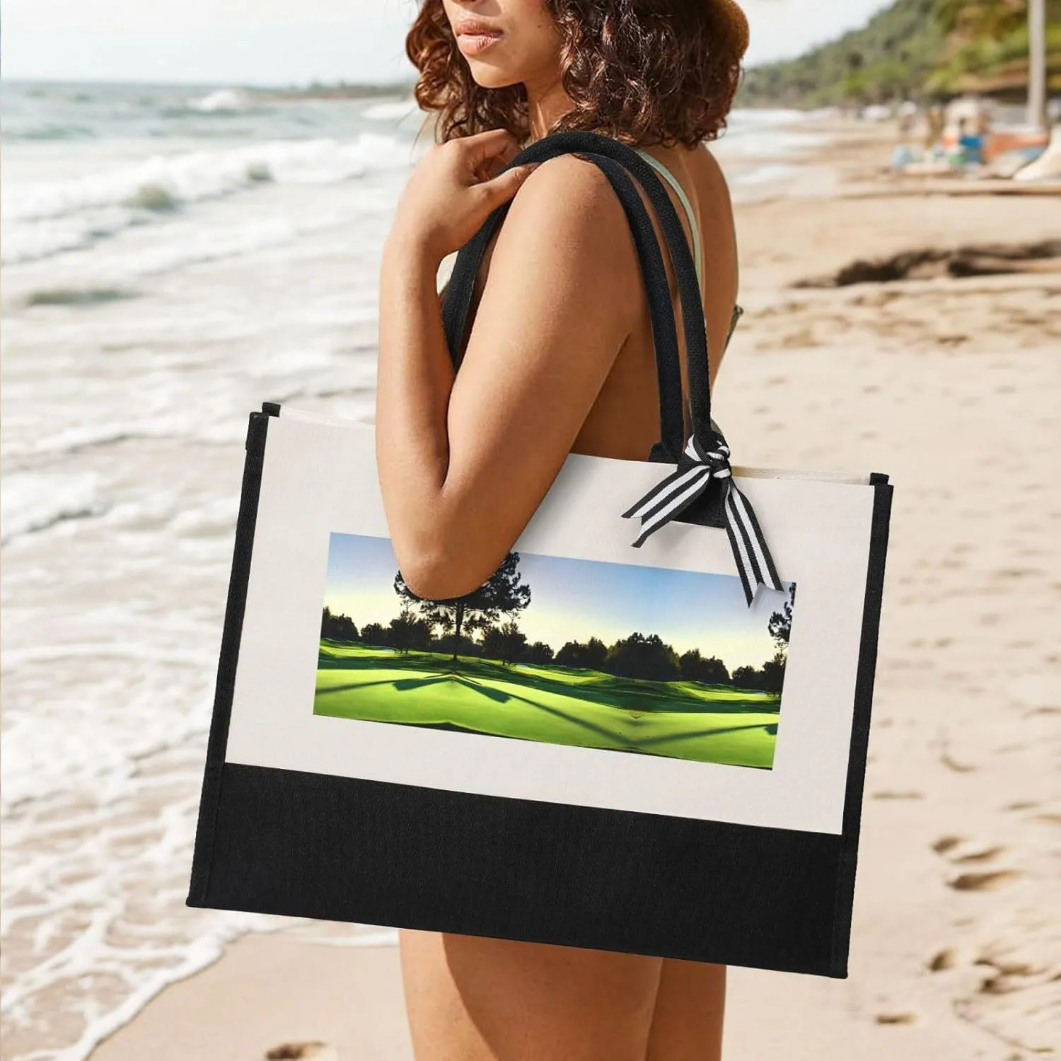 Golf Course Christmas Tote Bags With Handles Canvas Reusable Gift Bag For Women Shopping Holiday Travel