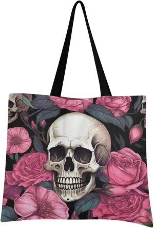Gothic Skull Pink Flower Tote Bag for Women Girl Canvas Shoulder Handbags Reusable Grocery Bags Large Purse with Inner Pocket 214a5184