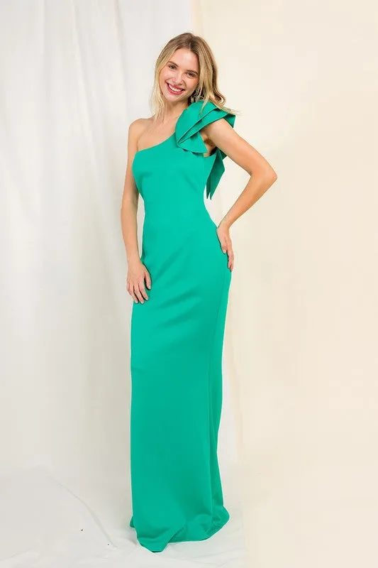Green Ruffle Detailed One Shoulder Mermaid Maxi Dress