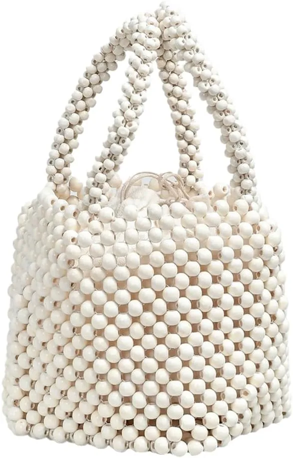 Handwoven Handbags for Women Wood Beads Hollow Mini Purses Summer Beach Totes Evening Bucket Bags for Party