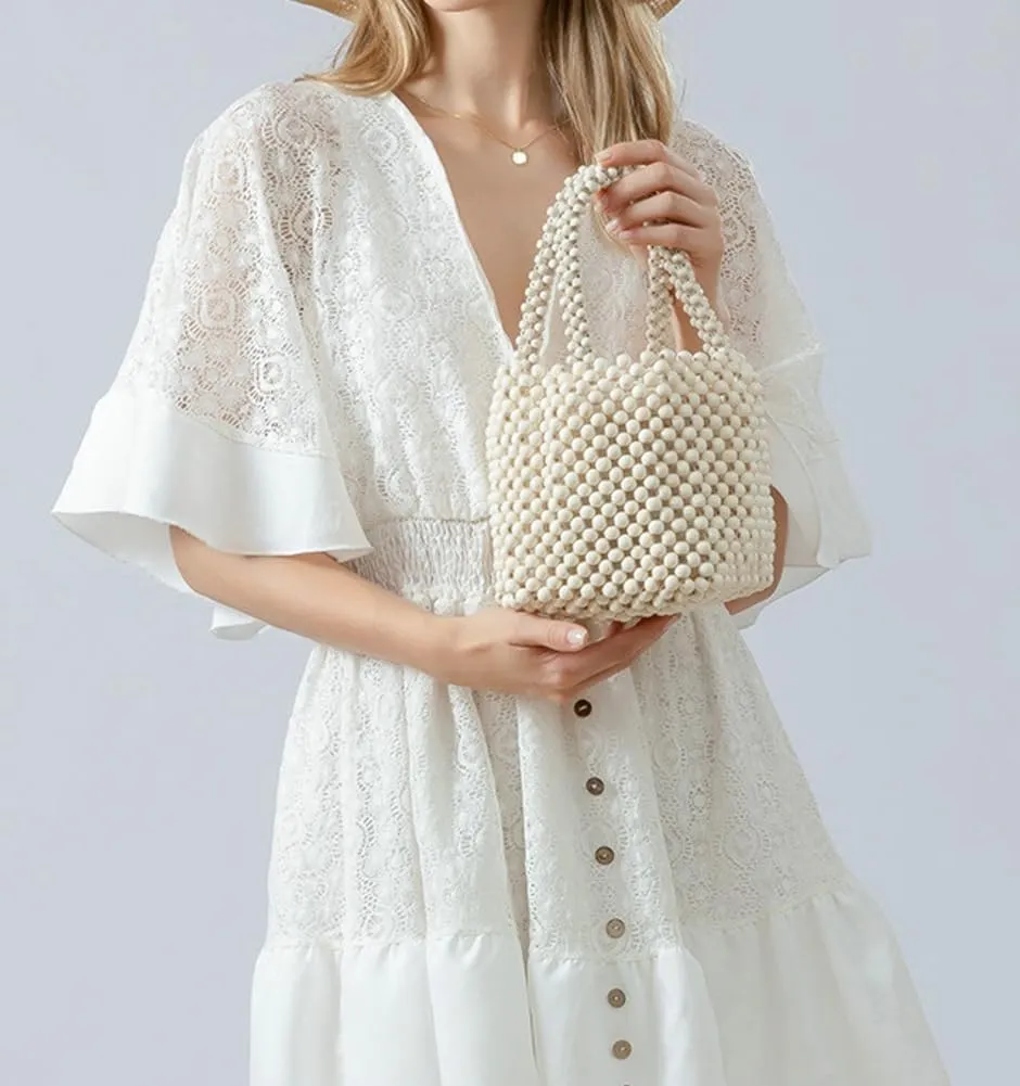 Handwoven Handbags for Women Wood Beads Hollow Mini Purses Summer Beach Totes Evening Bucket Bags for Party