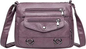 Heart Decor Crossbody Bag Solid Vintage PU Leather Shoulder Bag Versatile Women Pockets Purse With (Purple, One Size)