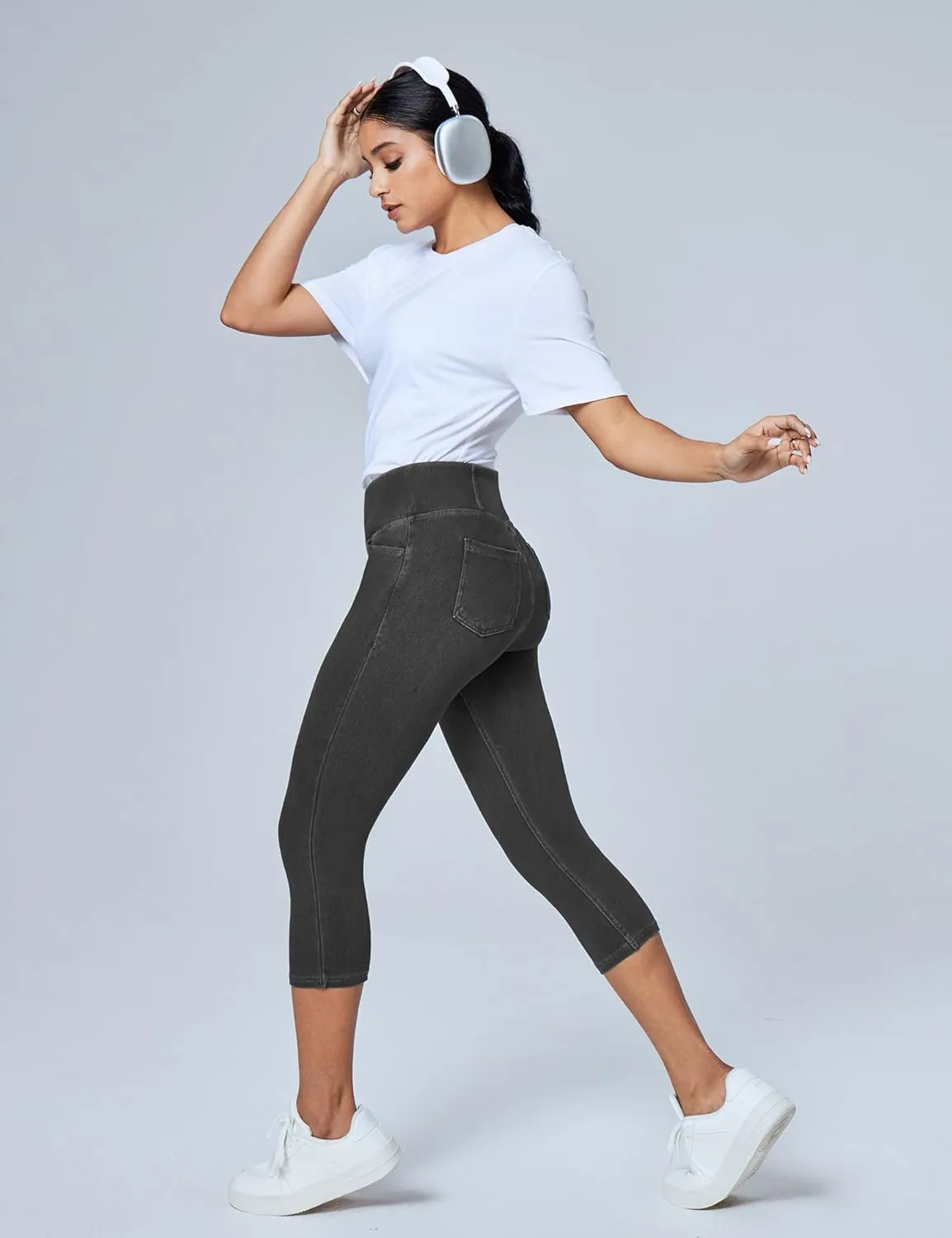 Heathyoga Capri Jeans for Women high Waist Pull on Jeggings for Women Tummy Control Stretchy Jeans Capris with Pockets