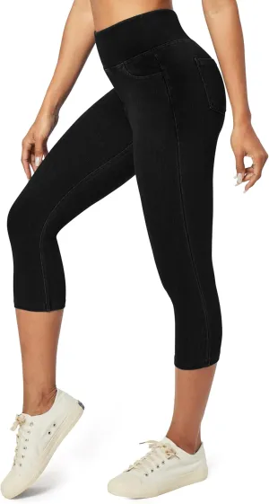 Heathyoga Capri Jeans for Women high Waist Pull on Jeggings for Women Tummy Control Stretchy Jeans Capris with Pockets
