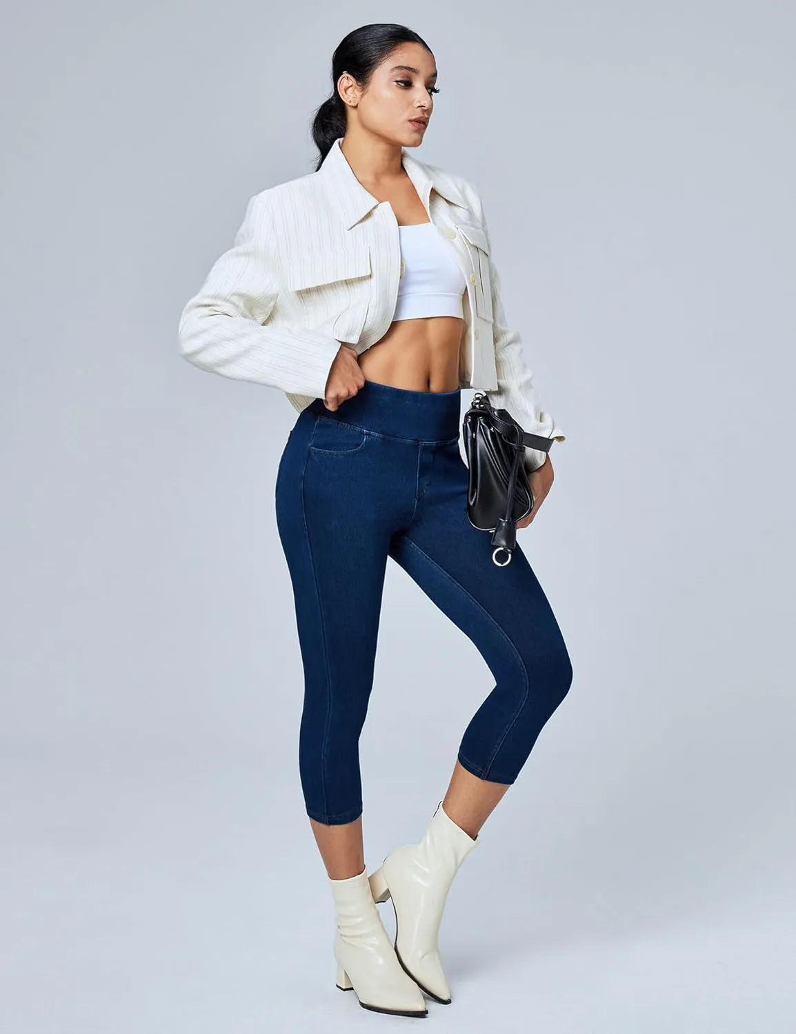 Heathyoga Capri Jeans for Women high Waist Pull on Jeggings for Women Tummy Control Stretchy Jeans Capris with Pockets