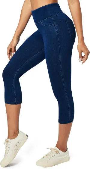 Heathyoga Capri Jeans for Women high Waist Pull on Jeggings for Women Tummy Control Stretchy Jeans Capris with Pockets