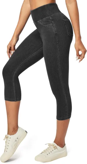 Heathyoga Capri Jeans for Women high Waist Pull on Jeggings for Women Tummy Control Stretchy Jeans Capris with Pockets