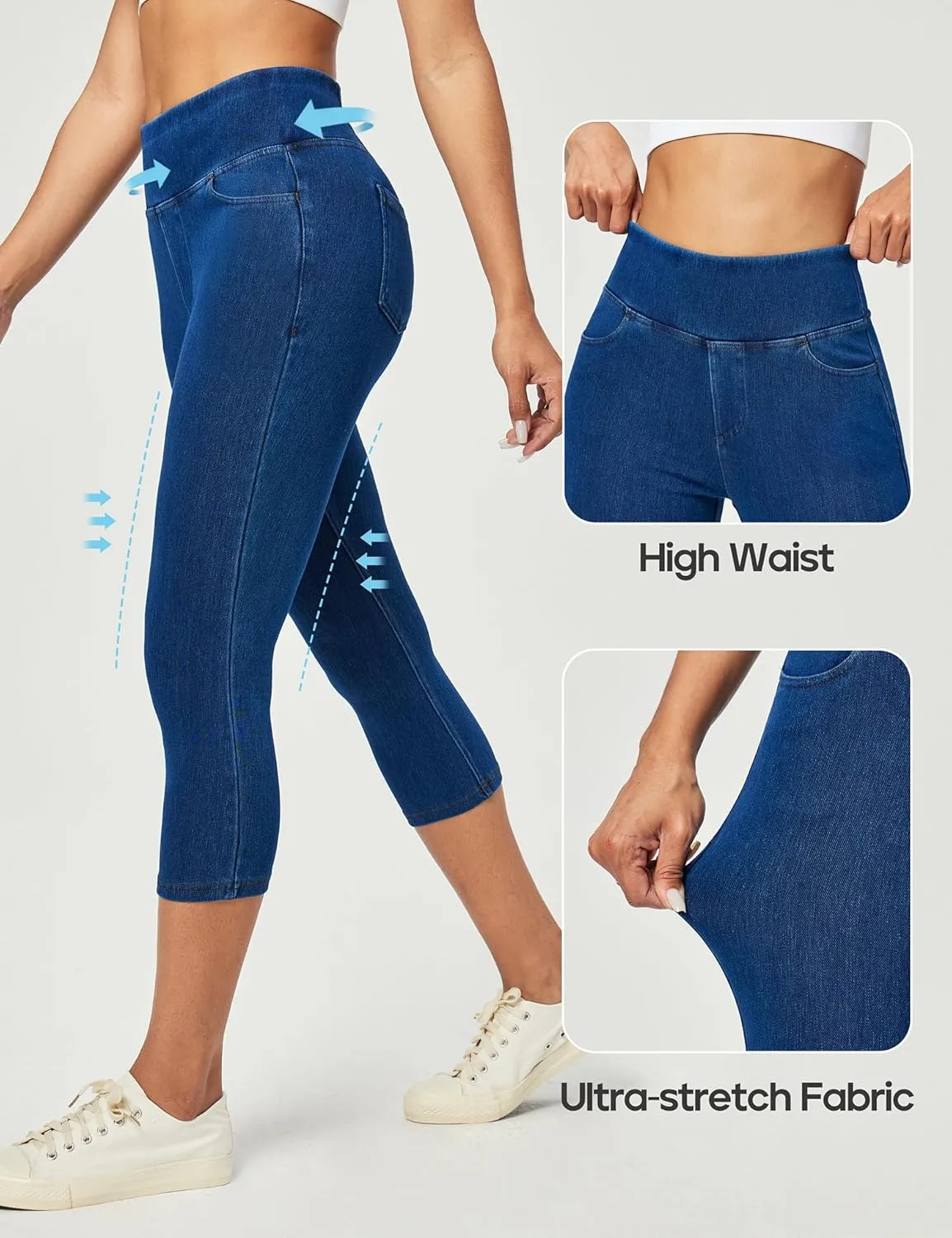 Heathyoga Capri Jeans for Women high Waist Pull on Jeggings for Women Tummy Control Stretchy Jeans Capris with Pockets