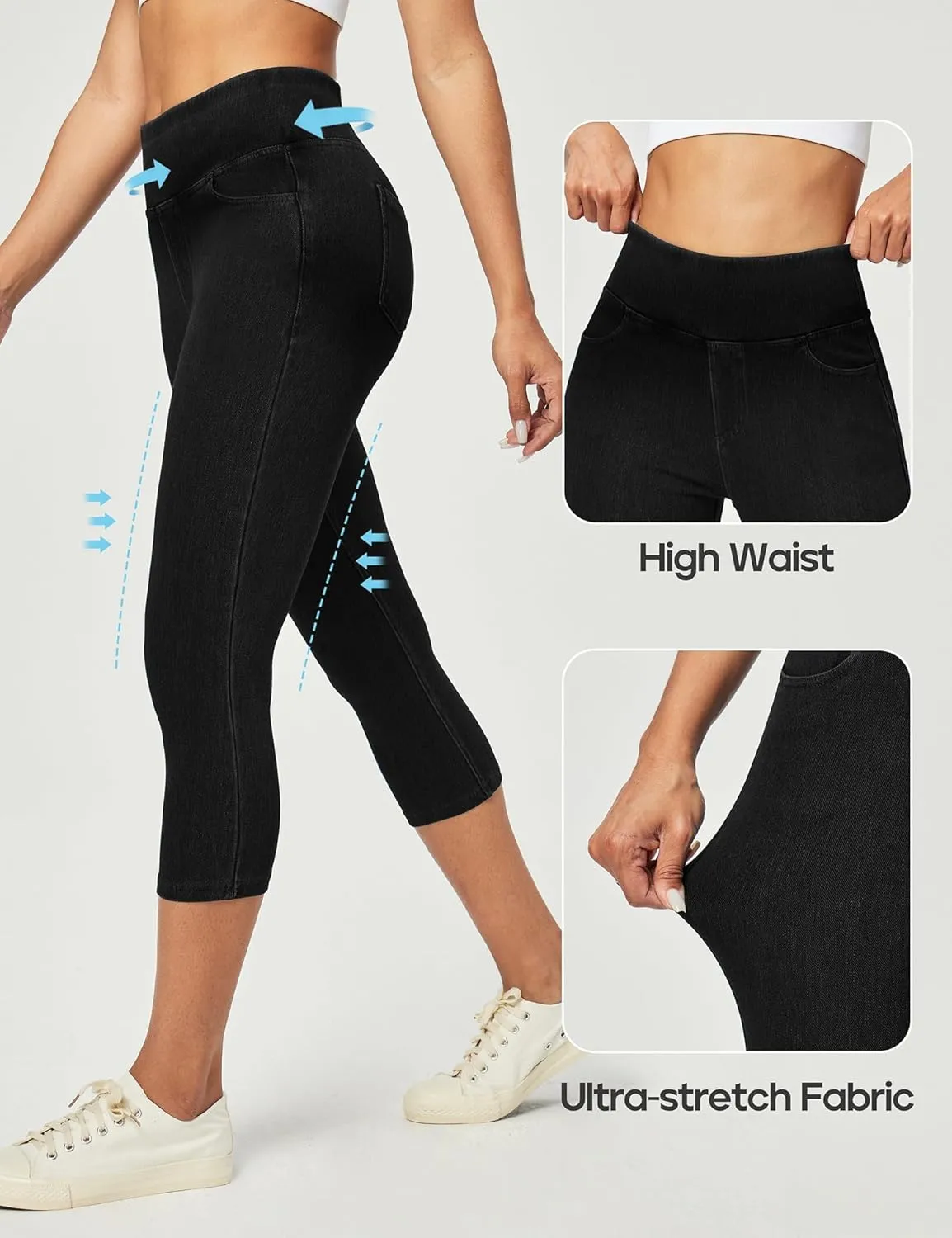 Heathyoga Capri Jeans for Women high Waist Pull on Jeggings for Women Tummy Control Stretchy Jeans Capris with Pockets