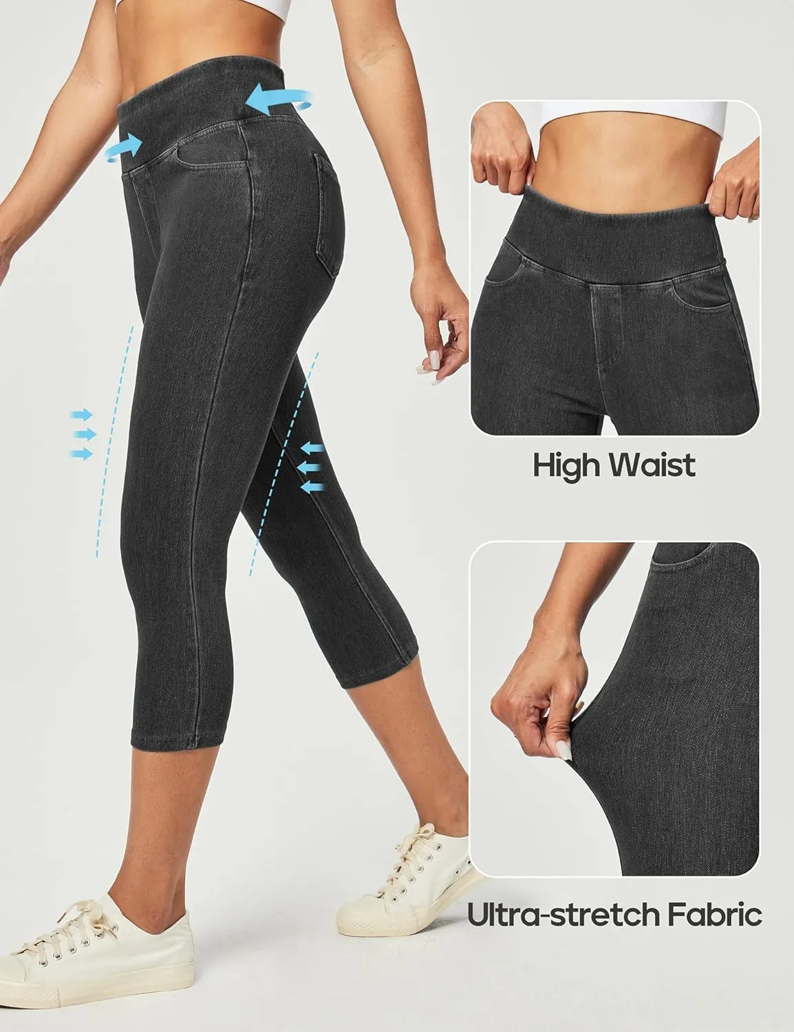 Heathyoga Capri Jeans for Women high Waist Pull on Jeggings for Women Tummy Control Stretchy Jeans Capris with Pockets