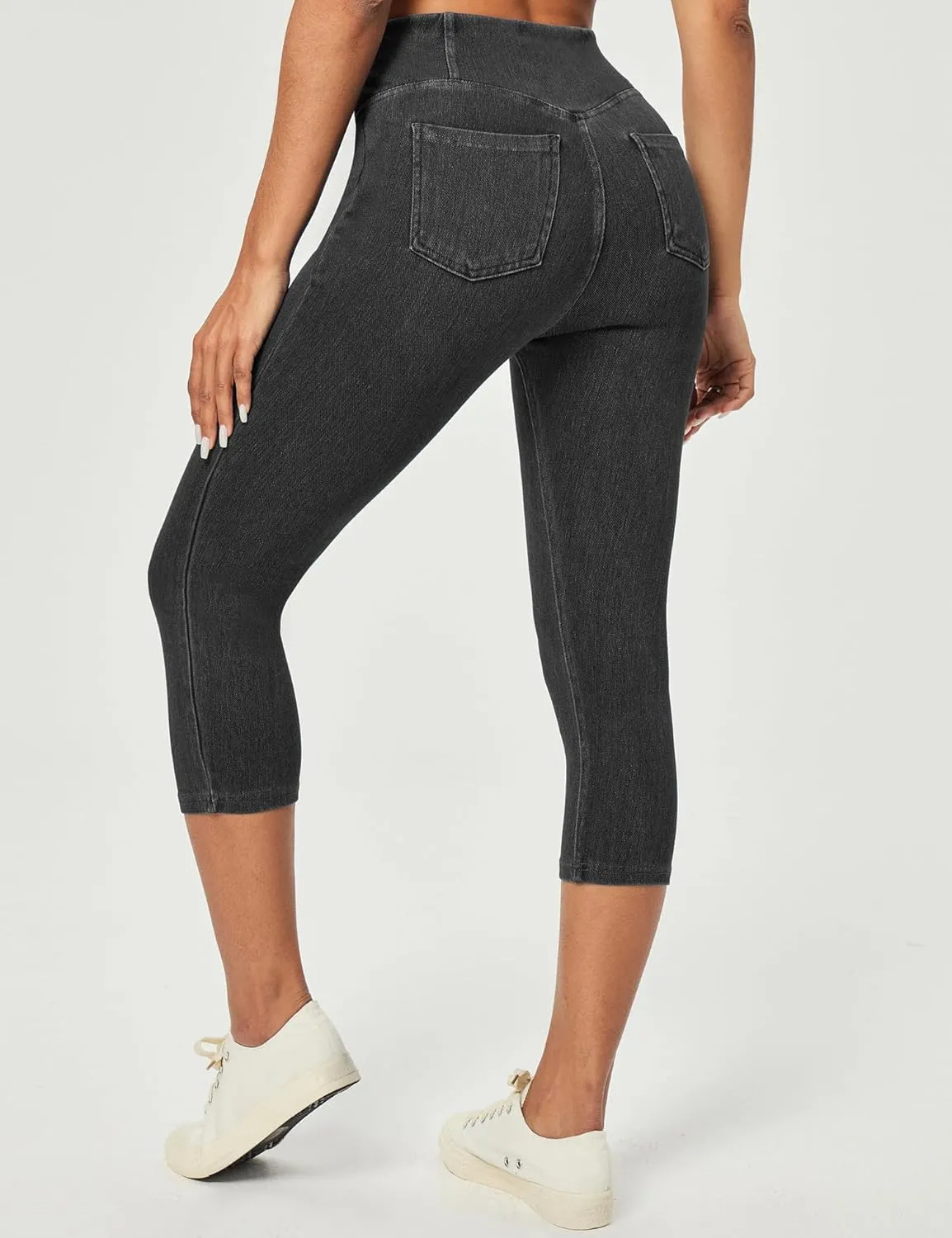Heathyoga Capri Jeans for Women high Waist Pull on Jeggings for Women Tummy Control Stretchy Jeans Capris with Pockets