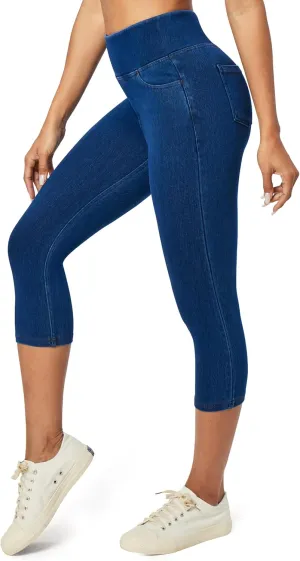Heathyoga Capri Jeans for Women high Waist Pull on Jeggings for Women Tummy Control Stretchy Jeans Capris with Pockets