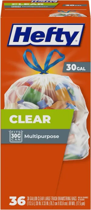 Hefty - Clear Large Trash Bags, Scent Free - 30 Gallon, 36 Count