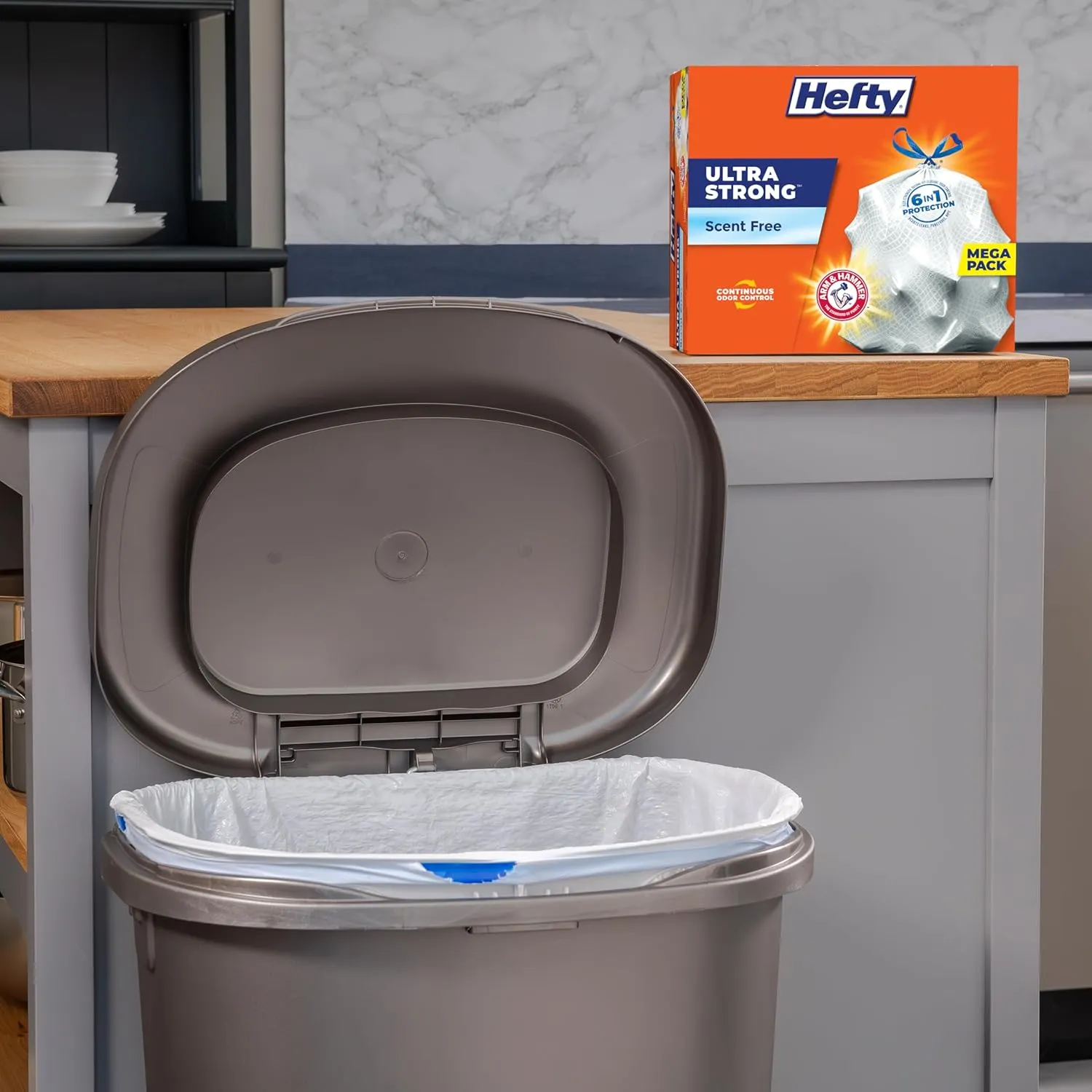 Hefty Ultra Strong 13 Gallon Trash Bags, Tall Kitchen Trash Bags 13 Gallon Size, Drawstring Closure, Continuous Odor Control, White, Unscented, 80 Bags