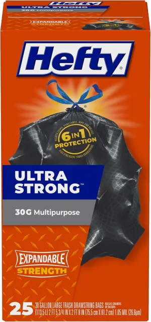 Hefty Ultra Strong Multipurpose Large Trash Bags, Black, Unscented, 30 Gallon, 25 Count