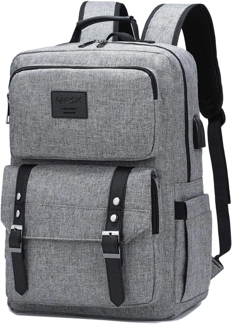 HFSX Laptop Backpack Women Men College Backpacks Bookbag Vintage Backpack Book Bag Fashion Back Pack Anti Theft Travel Backpacks with Charging Port fit 15.6 Inch Laptop Grey