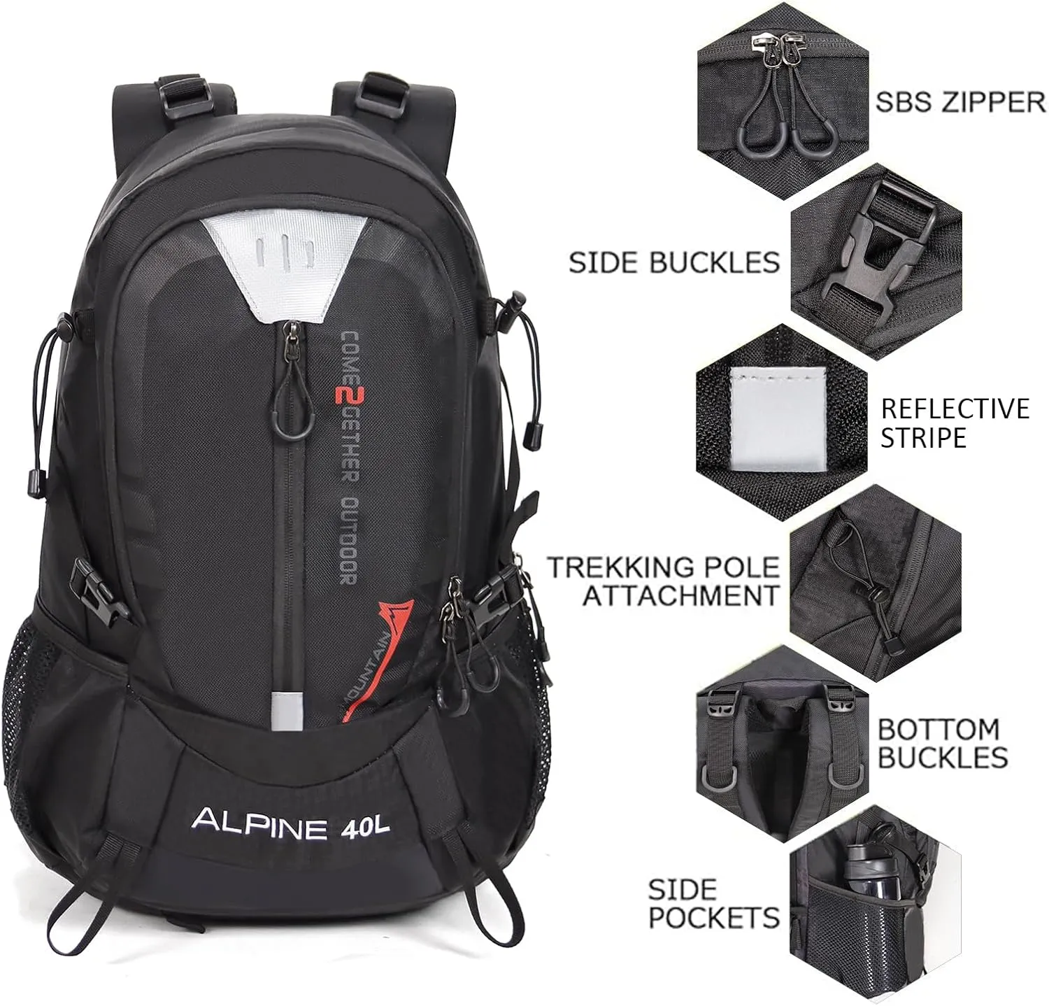 Hiking Backpack Camping 40L Outdoor Daypack Lightweight Travel Backpack with Rain Cover for Women Men (Black)