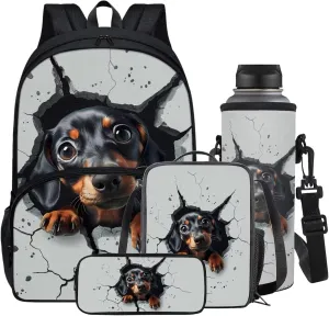Horeset Broken Dachshund School Bags Set for Girls Kids 4-Piece Backpack Pencil Holder & Picnic Lunch Bag & Water Bottle Sling Bag, Novelty Front Pocket Satchel Laptop Bags