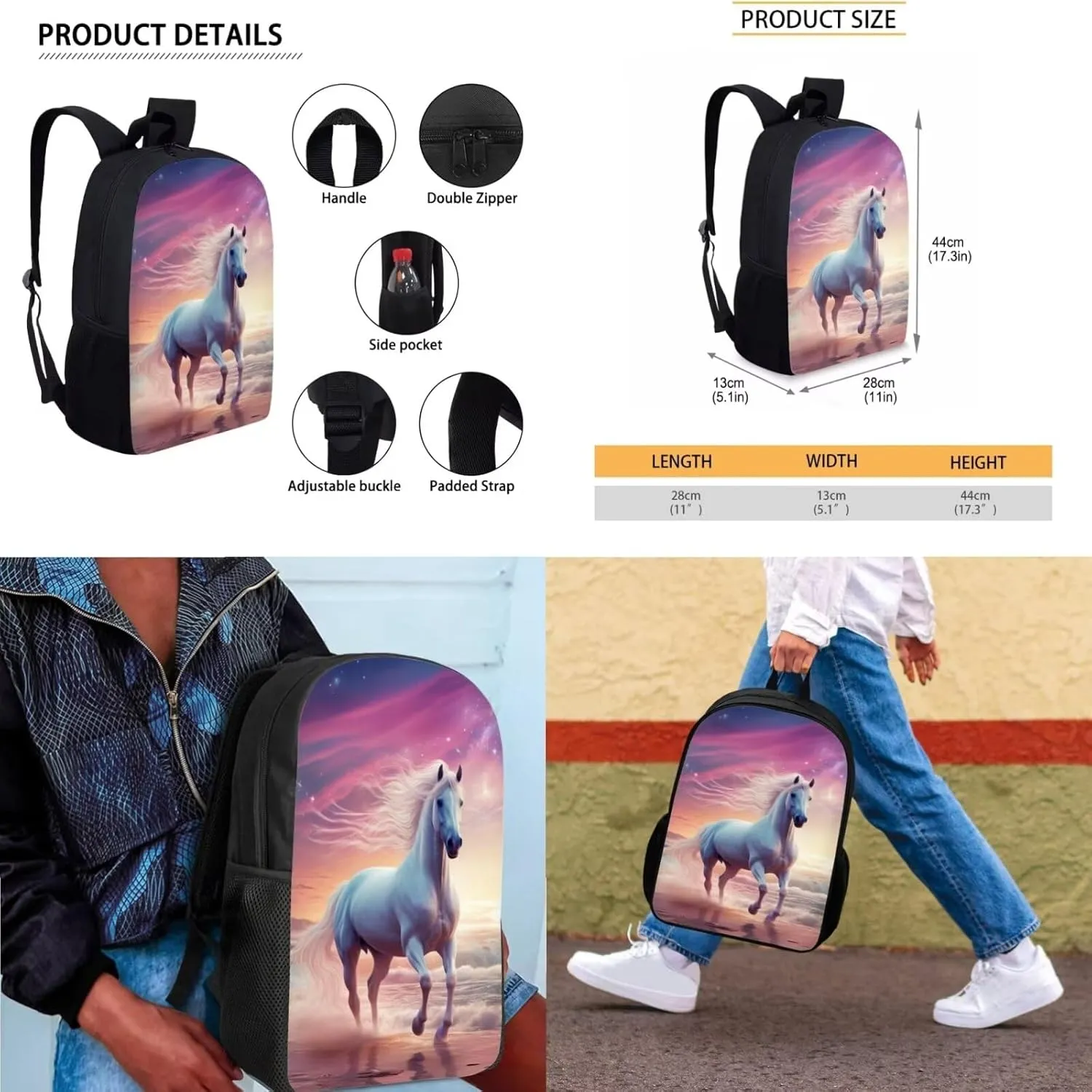 Horse Kids Backpacks for Travel Boys Backpacks with Lunch Boxes for Kids Girls Book Bag for Girls Kids Travel Backpack Lunch Box Cool for Boys School Insulated Polyester