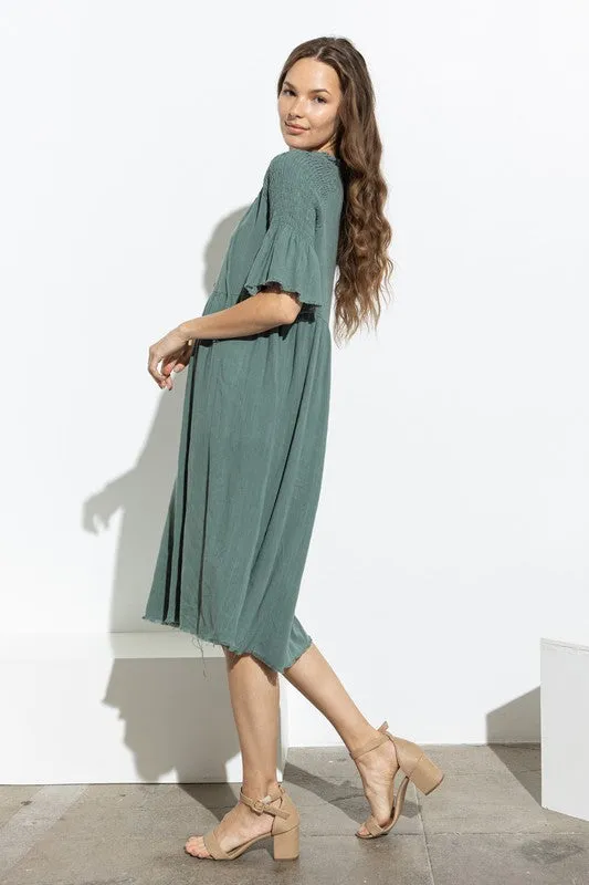 Jade V Neck Button Up Midi Dress With Self Tie