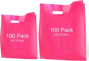 Janlaugh 200 Pcs 2.5 Mil Thick Plastic Shopping Bags Bulk for Small Business 9x12 Inch 12x15 Inch Reusable Retail Glossy Boutique Thank You Gift Bags with Handle(Pink)