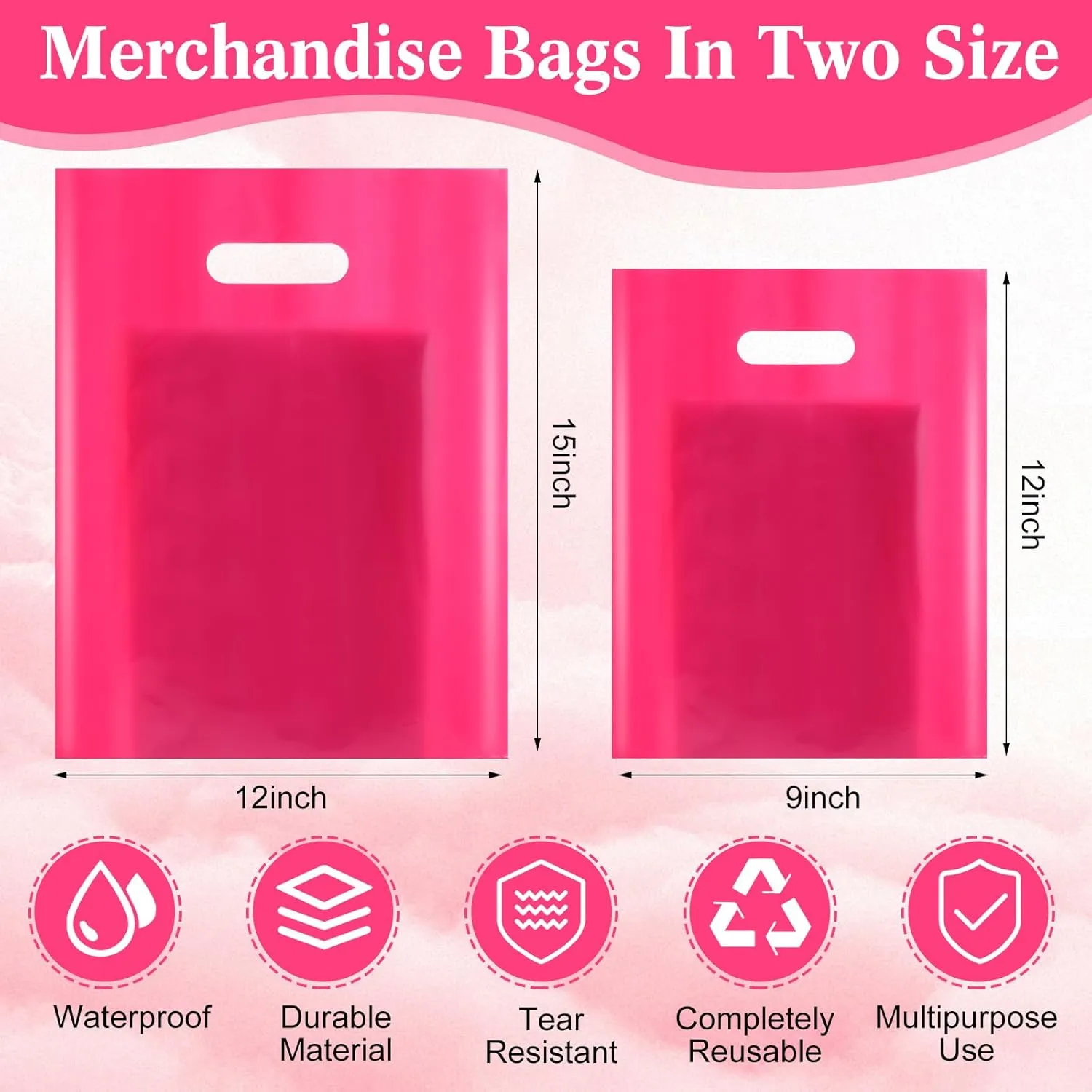 Janlaugh 200 Pcs 2.5 Mil Thick Plastic Shopping Bags Bulk for Small Business 9x12 Inch 12x15 Inch Reusable Retail Glossy Boutique Thank You Gift Bags with Handle(Pink)