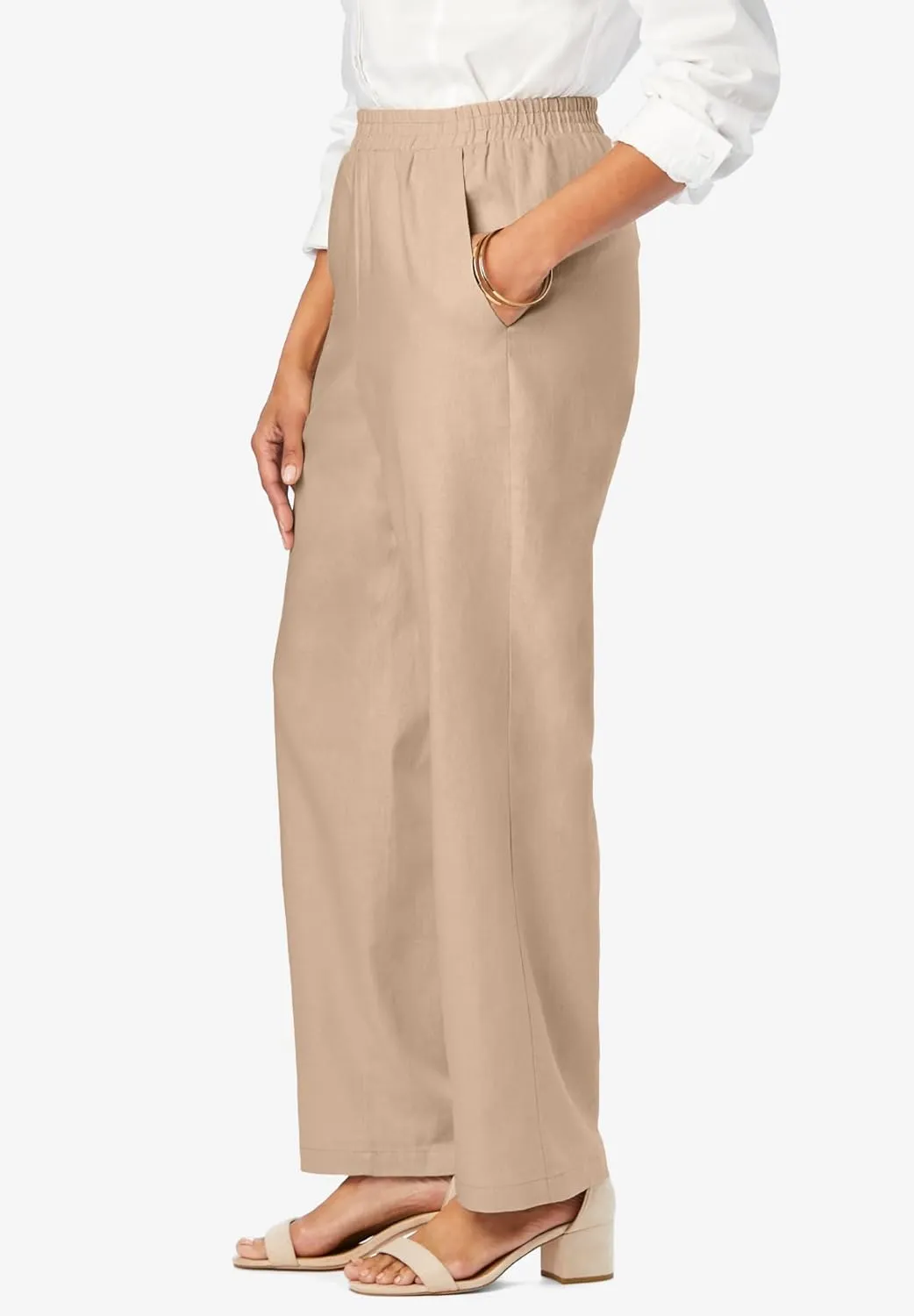Jessica London Women's Plus Size Lightweight Linen-Blend Straight-Leg Pants