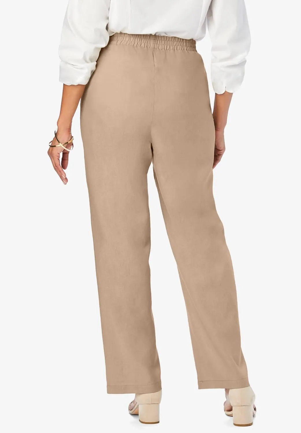Jessica London Women's Plus Size Lightweight Linen-Blend Straight-Leg Pants