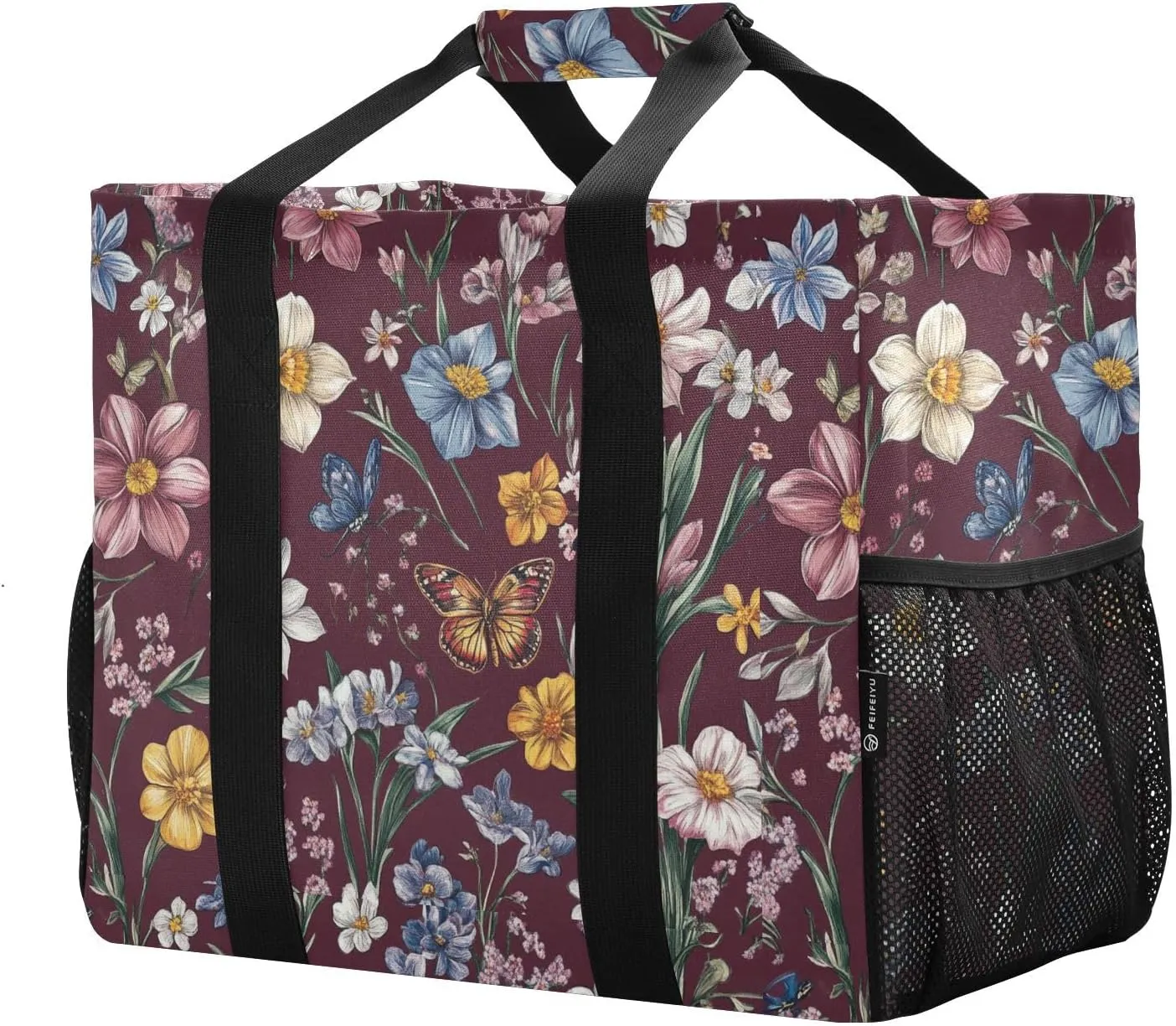 JUNZAN Butterflies Flowers Utility Totes Foldable Beach Tote With Pockets Groceries Reusable Bags Canvas Travel Laundry Bag