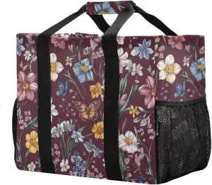 JUNZAN Butterflies Flowers Utility Totes Foldable Beach Tote With Pockets Groceries Reusable Bags Canvas Travel Laundry Bag