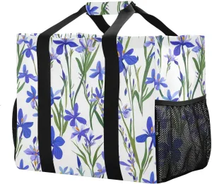 JUNZAN France Iris Flowers Utility Tote Bags Foldable Beach Bag Sandproof Reusable Grocery Bags Canvas Laundry Totes