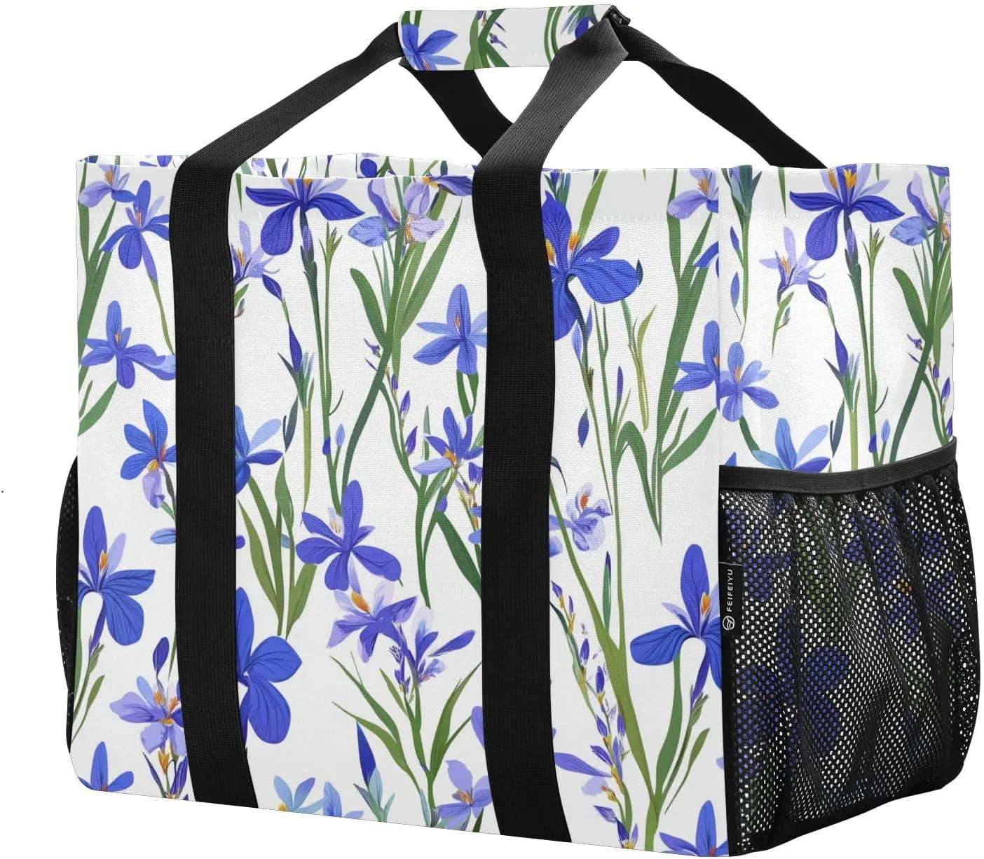 JUNZAN France Iris Flowers Utility Tote Bags Foldable Beach Bag Sandproof Reusable Grocery Bags Canvas Laundry Totes