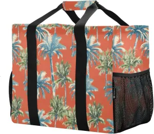 JUNZAN Tropical Trees in Red Utility Totes Collapsable Beach Tote Sandproof Reusable Shopping Bags Canvas Laundry Bag Travel