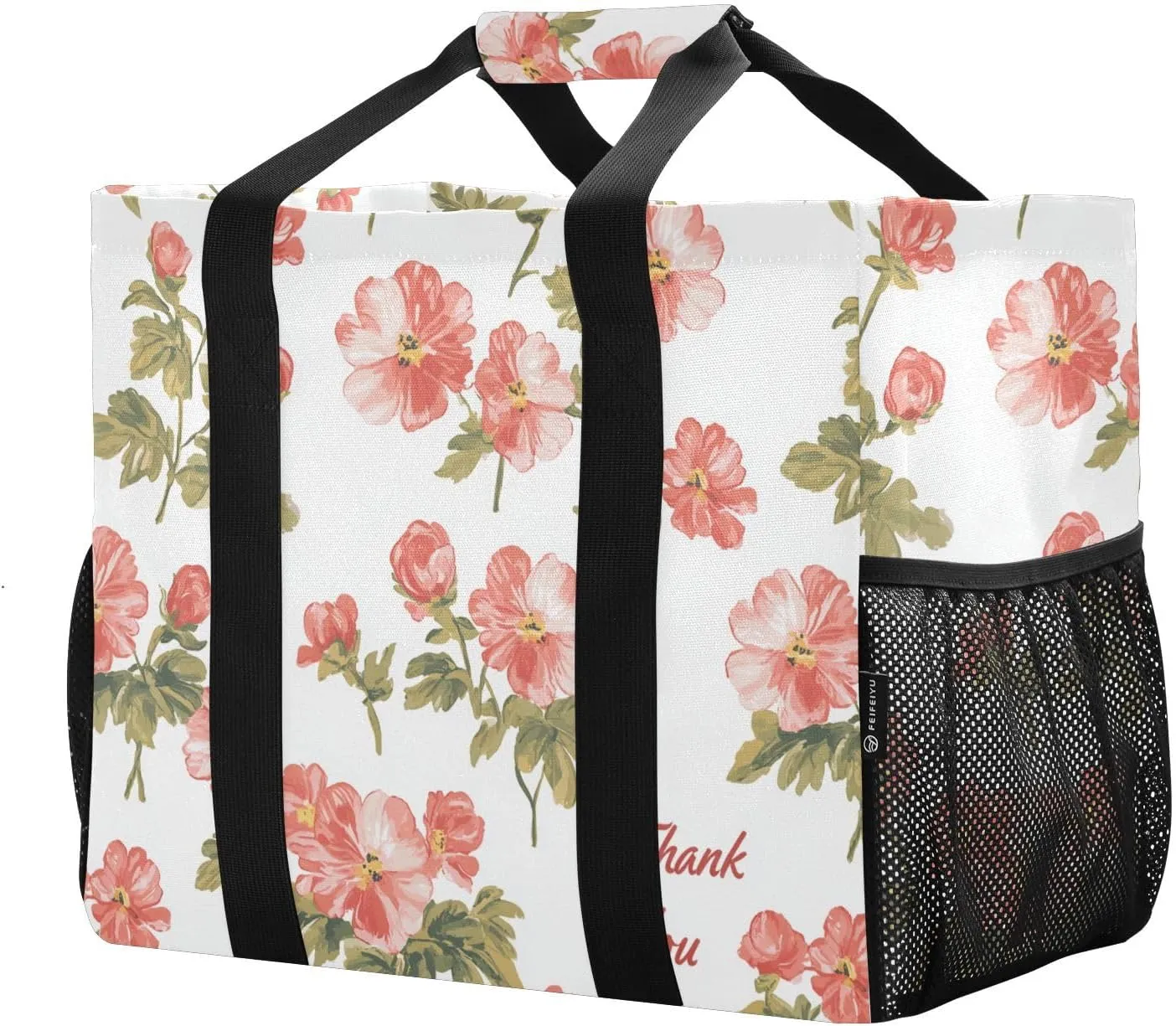 JUNZAN Vintage Flower Utility Tote Foldable Beach Totes Bags Sandproof Reusable Grocery Shopping Bags Canvas Carrier Bags