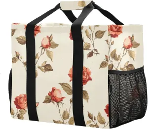 JUNZAN Vintage Roses Utility Totes Foldable Beach Tote With Pockets Reusable Grocery Shopping Bags with Handles Carry Tote
