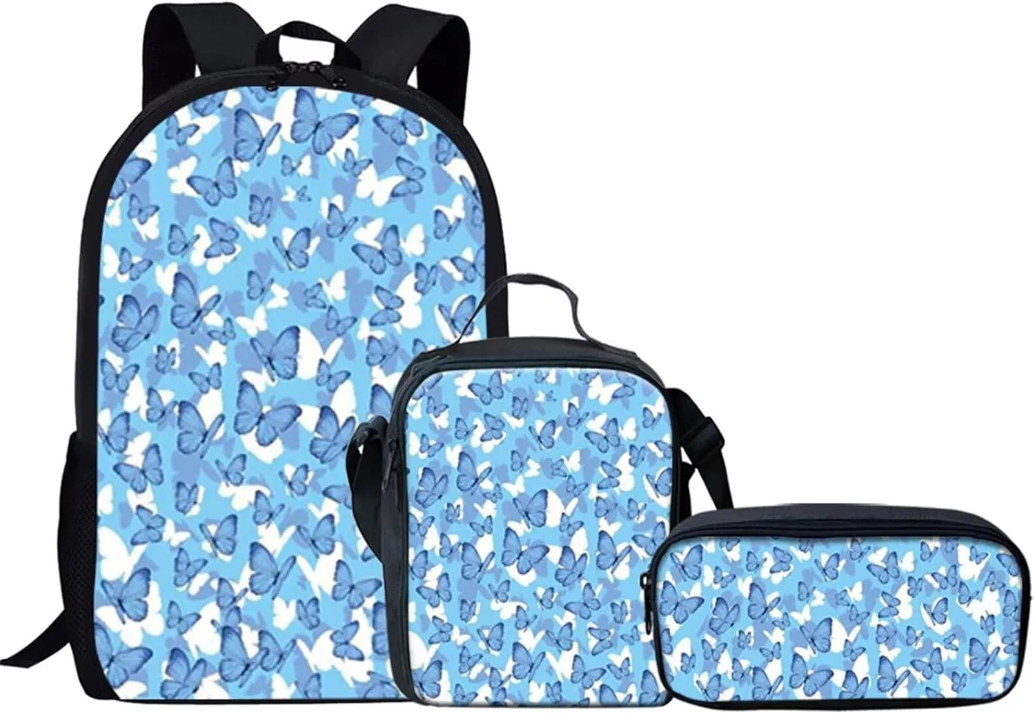KEIAHUAN School Bag Backpack for Girls Blue Butterfly Print School Backpack Shoulder Schoolbags Primary School Bags with Lunch Box Pencil Bag