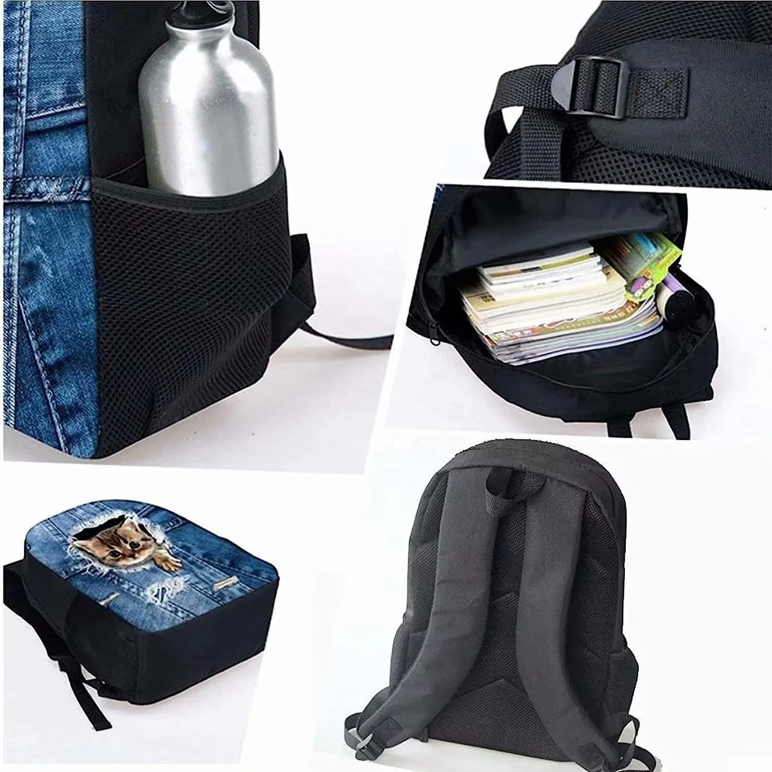 KEIAHUAN School Bag Backpack for Girls Blue Butterfly Print School Backpack Shoulder Schoolbags Primary School Bags with Lunch Box Pencil Bag