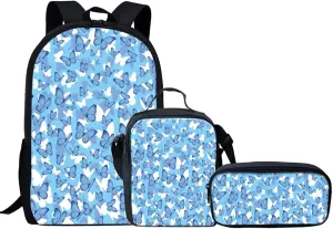 KEIAHUAN School Bag Backpack for Girls Blue Butterfly Print School Backpack Shoulder Schoolbags Primary School Bags with Lunch Box Pencil Bag