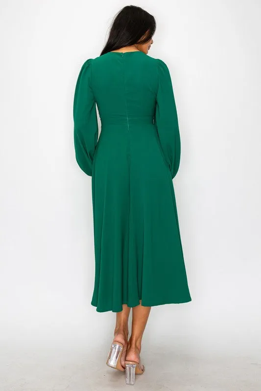 Kelly Green Solid Long Sleeve Midi Dress With Neck Detail