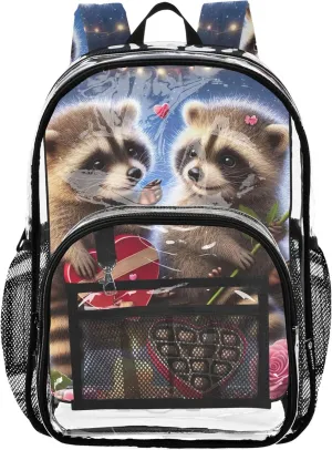 Kids Backpack Boys Girls Romantic Raccoon Valentine Love Clear Backpack for Women Plastic See through Bookbag