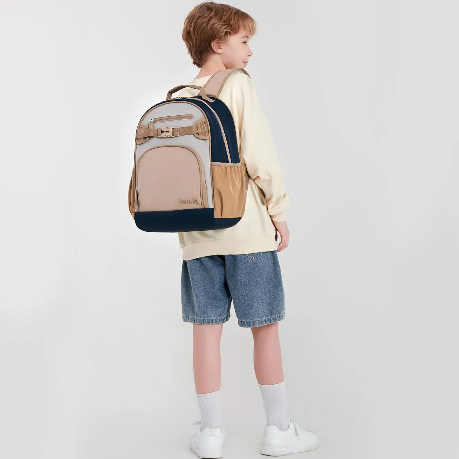 Kids Backpack for Boys Kindergarten Nylon Bookbag for School Kid 3-6 (Brown Gray)