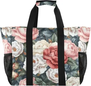 Kigai Colorful Peonies Reusable Grocery Bag with Handles Waterproof Foldable Extra Large Tote Shopping Bag Standing Organizer for Picnics, Beach, Pool, Laundry, Car, Camping